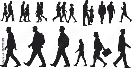 Silhouette people walking together vector illustration of men women and children pedestrians in everyday urban lifestyle isolated on white background design