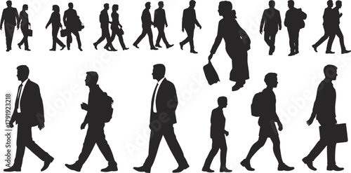 Silhouette people walking with bags and backpacks vector illustration of business men and women pedestrians isolated on white background design