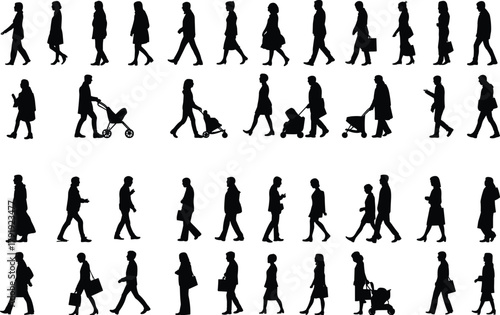 Silhouette people walking with baby strollers vector illustration of men women and parents pedestrians isolated on white background urban design