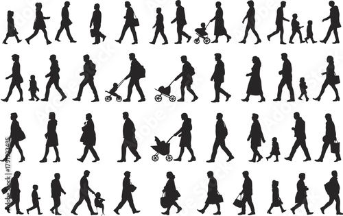 Silhouette people walking with children and baby strollers vector illustration of families parents and pedestrians isolated on white background design