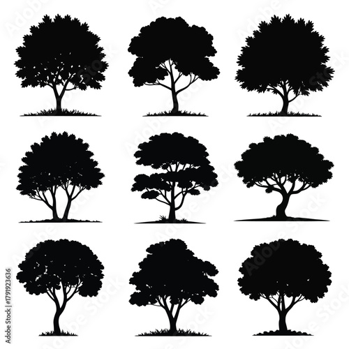 Collection of nine diverse black tree silhouettes on a white background