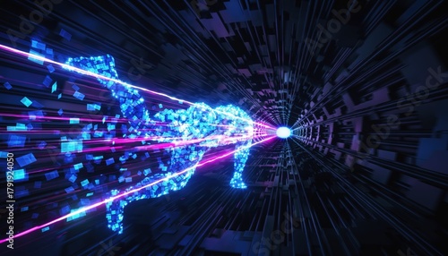 Fototapeta Naklejka Na Ścianę i Meble -  Digital Human Form Composed of Blue Cubes Travels Through Neon Tunnel