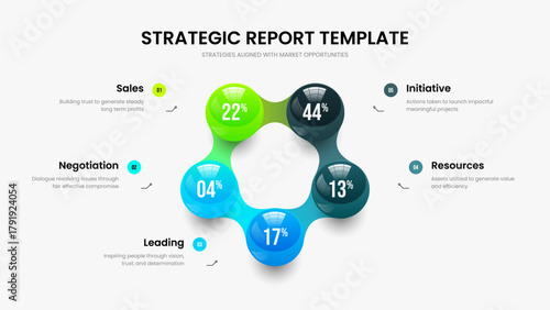 Market Review Five Option Graph Presentation Design. Advertising Solution 5 Element Infographic Slideshow Layout. Professional Launch Slide Template Vector Illustration.