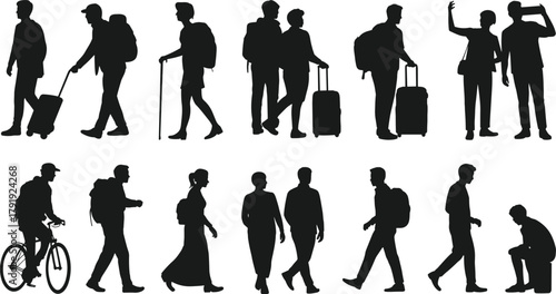 Silhouette travelers walking standing with luggage and backpacks vector illustration of people tourists travelers isolated on white background design