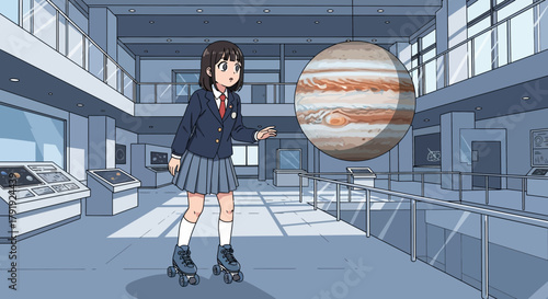 Anime student on roller skates exploring a space exhibit with giant Jupiter model