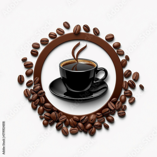 Logo of a coffee shop with a cup of coffee and beans