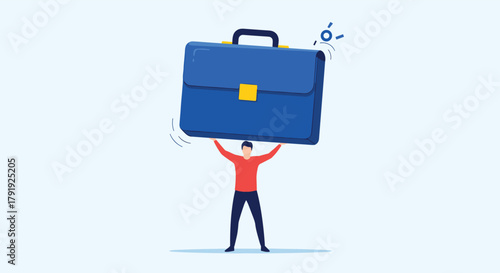 A small figure struggles to lift a massive blue briefcase, illustrating the challenges and heavy burden of career aspirations and responsibilities.