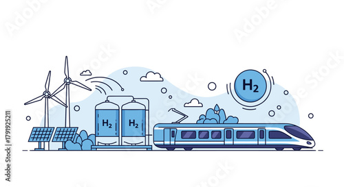 Green hydrogen production fuels a modern train, illustrating sustainable energy for future transportation.