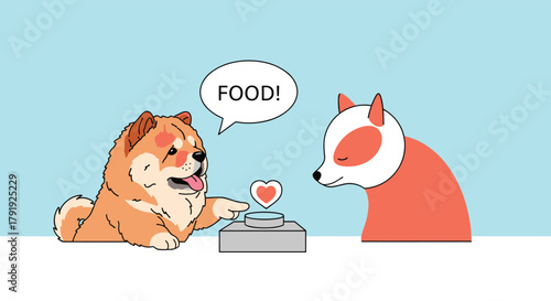 A fluffy chow chow dog excitedly points to a button with a heart symbol, instructing a calm, fox-like companion for food.