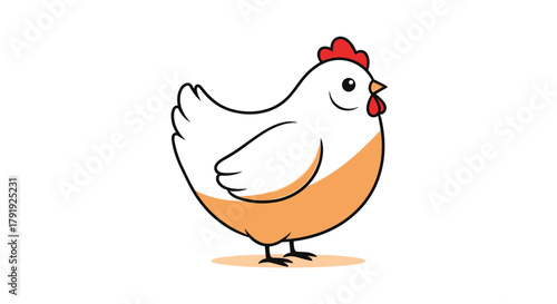 A charming and friendly cartoon hen with white feathers, a red comb, and a warm orange underbelly stands against a plain white background.