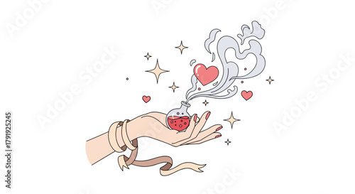 A hand holds a magical love potion bottle emitting hearts and mystical smoke, surrounded by sparkling enchantment.