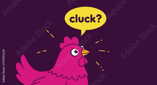 A surprised pink cartoon chicken asks \.