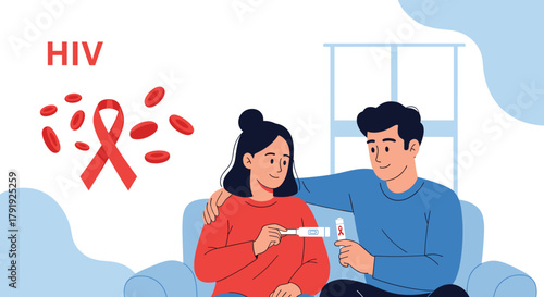 A compassionate couple supports each other while looking at a positive rapid HIV test result, emphasizing awareness and the importance of screening.