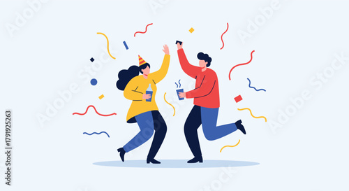 Two happy people jump and dance amidst colorful confetti, enjoying a festive celebration together with drinks.
