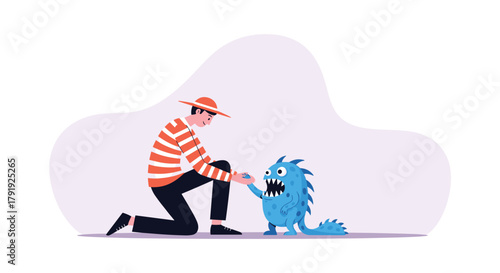A person wearing a striped shirt and hat kneels to offer a small item to a friendly blue monster.