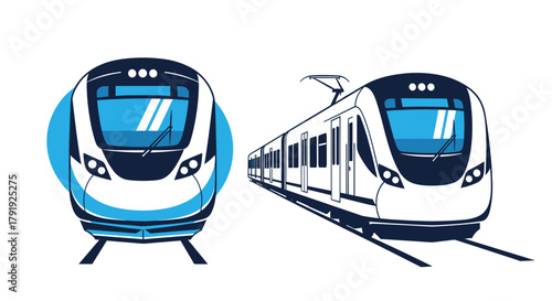 Modern metro train vector illustration set with front and perspective views, showcasing efficient urban and long-distance transportation.