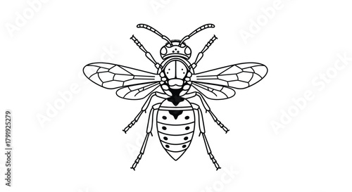 Detailed black and white line art illustration of a wasp, viewed from above, showcasing its intricate anatomical features for educational or scientific purposes.