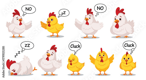 A collection of cute cartoon chickens and chicks in various emotional states, from saying 'NO' and sleeping to happy 'Cluck' sounds.
