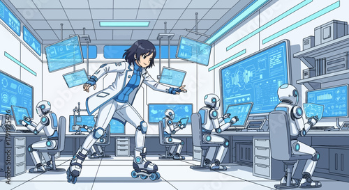 Futuristic workplace showcasing human-robot collaboration in a tech-driven environment