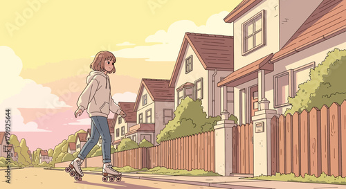 Girl roller skating gracefully through a quaint suburban neighborhood at twilight