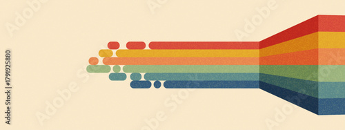 Rainbow perspective graphic background. Textured faded parallel stripes in groovy colors. Effect of a volumetric wall. Modern pop art print or classic 3D poster cover.