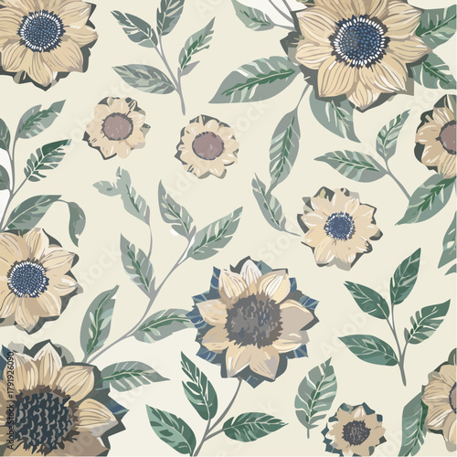 Seamless vintage floral pattern with sunflowers and green foliage.