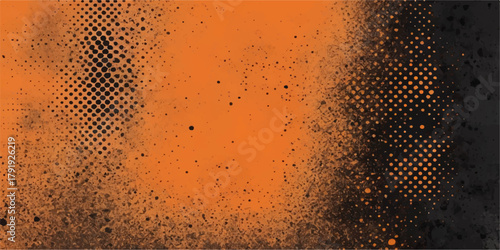 Grunge macro illustration of orange and yellow rusty metal plate texture with water drops and halftone bubbles pattern backdrop
