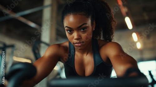 Determined young woman working out on rowing machine in gym