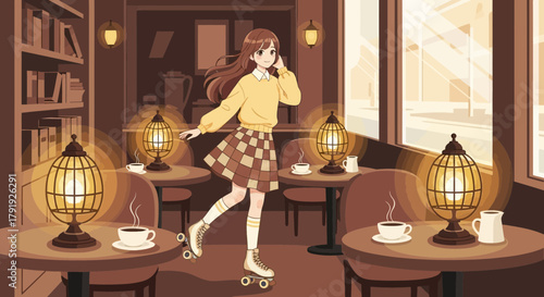 Anime girl on roller skates gliding through a cozy cafe with warm lighting