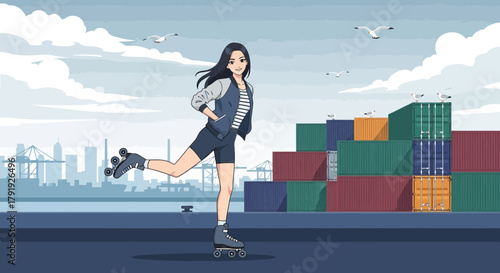 Anime style rollerskating girl at the seaport with industrial containers