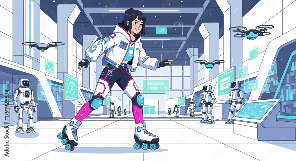 Obraz premium Rollerblading through a futuristic lab with robots and drones exploration