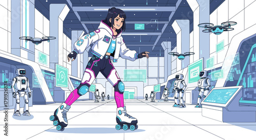 Rollerblading through a futuristic lab with robots and drones exploration