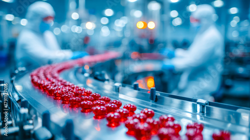Automated production line processing red capsules in a pharmaceutical facility