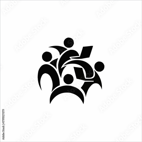 Stylized black icon of a collaborative workgroup with technology.