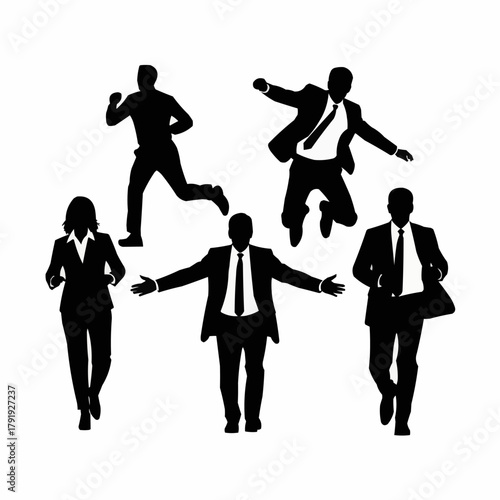 Dynamic silhouettes of business people in various action poses.