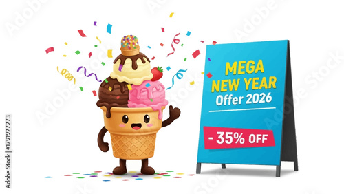 Mega New Year Ice Cream Offer: A cheerful ice cream cone mascot, bursting with colorful scoops, stands next to a promotional sign advertising a mega new year offer.