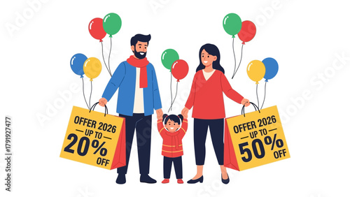 Family's Shopping Extravaganza: A vibrant illustration captures a family enjoying a shopping spree with colorful balloons. Filled with shopping bags carrying the potential for great savings.