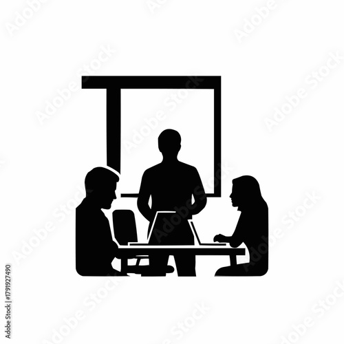 Business meeting with a presenter and two attendees discussing ideas.