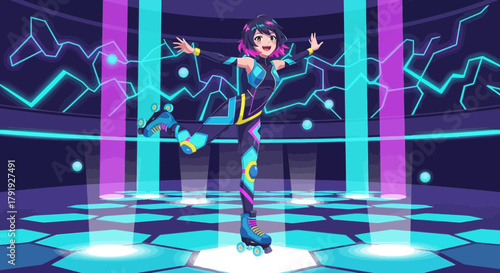 Energetic anime girl roller skating in a vibrant neon cyber-themed studio