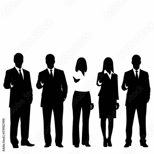 Diverse group of business professionals standing together in silhouette.