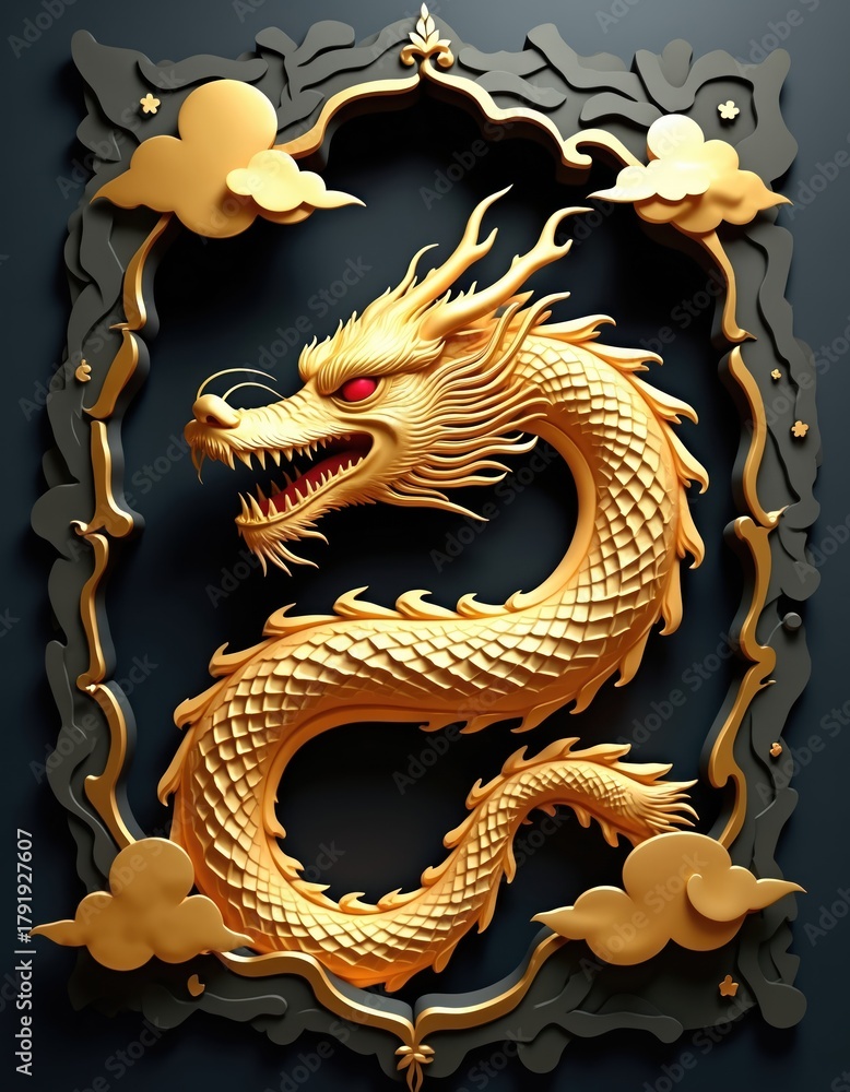 Fototapeta premium Gold dragon illustration on black backdrop with ornate frame and gold clouds. Artistic design shows Asian mythology creature. Cartoon dragon with fire breathes strength power and fantasy