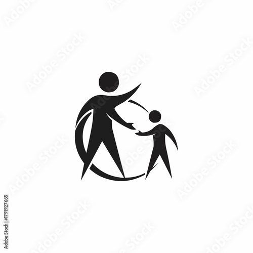 Stylized Silhouette of Adult Helping Child with Circular Design Element.