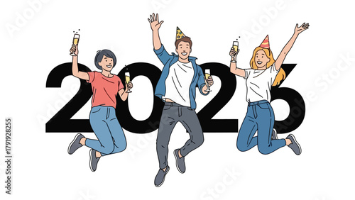 Joyful Celebration of the New Year: A group of friends joyfully celebrate the arrival of 2026,raising a glass of champagne in a toast to new beginnings, optimism, and the promise of a fresh start.