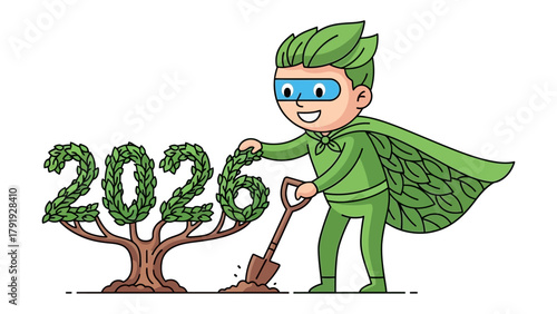 Eco-Warrior's Vision: A cheerful superhero figure diligently plants the future, tending to a flourishing tree-form of 2026, symbolizing growth and environmental commitment. 