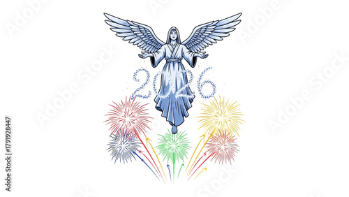 Celestial Celebration: An ethereal illustration of a celestial figure descending amidst vibrant fireworks, marking the year 2026. This artwork embodies the festive spirit and symbolizes hope.