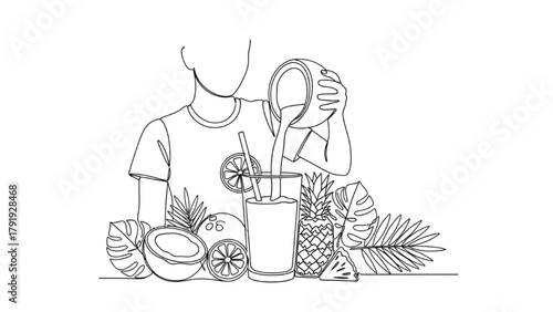 Person Pouring Coconut Milk into Glass with Straw and Fruits — High-Quality Black Continuous Line Art Representing Healthy Drinks 