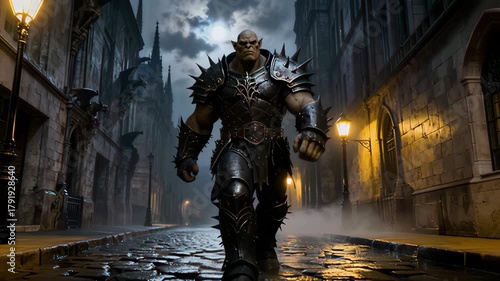 Menacing armored warrior walking confidently through dark foggy city street at night