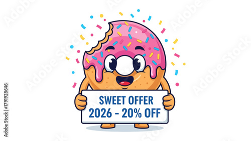 Sweet Offer: An adorable donut character offers a Sweet Offer with colorful sprinkles and a tempting bite taken. A cheerful scene full of treats. 