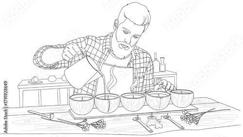 Artisan Pouring Wax into Coconut Shell Candles — High-Quality Black Continuous Line Art Depicting Handmade Candle Craft 
