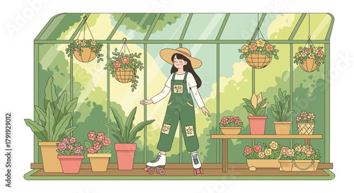 Cartoon illustration of a woman roller skating inside a greenhouse surrounded by plants